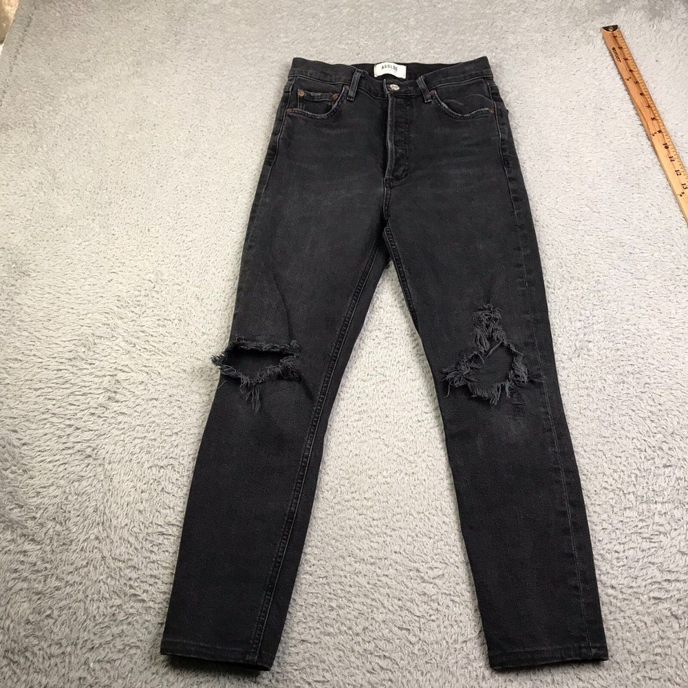 AGOLDE Nico Jeans Womens 25 (25x24)Black Knee Hole Slim Straight Button Fly Crop
